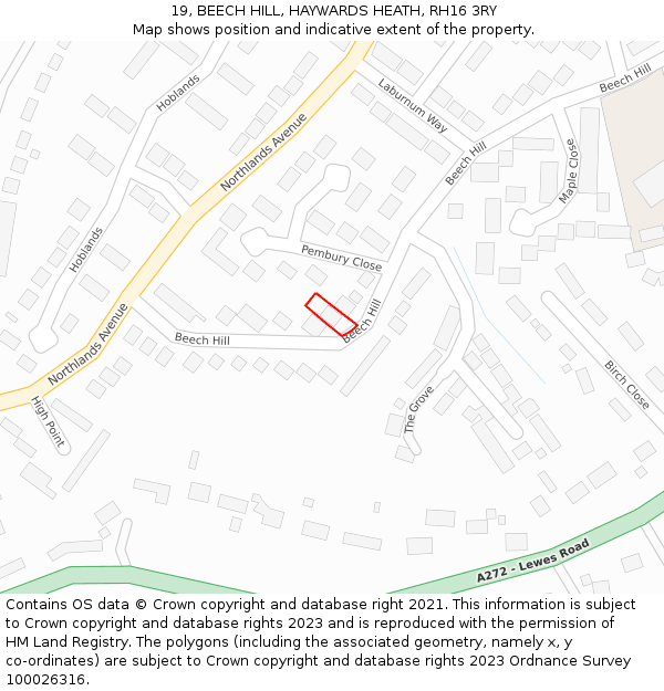 19, BEECH HILL, HAYWARDS HEATH, RH16 3RY: Location map and indicative extent of plot