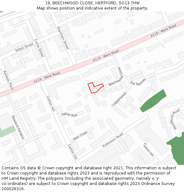 19, BEECHWOOD CLOSE, HERTFORD, SG13 7HW: Location map and indicative extent of plot