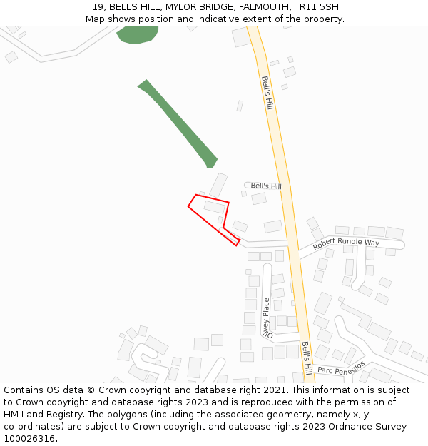 19, BELLS HILL, MYLOR BRIDGE, FALMOUTH, TR11 5SH: Location map and indicative extent of plot