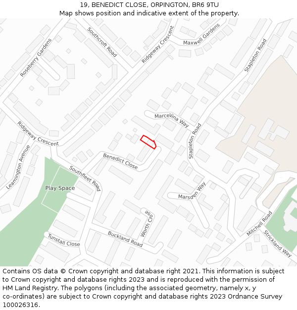 19, BENEDICT CLOSE, ORPINGTON, BR6 9TU: Location map and indicative extent of plot