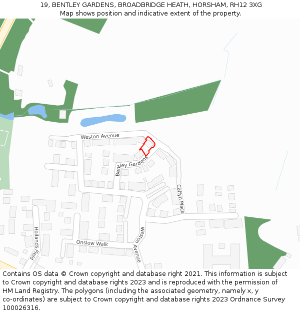 19, BENTLEY GARDENS, BROADBRIDGE HEATH, HORSHAM, RH12 3XG: Location map and indicative extent of plot