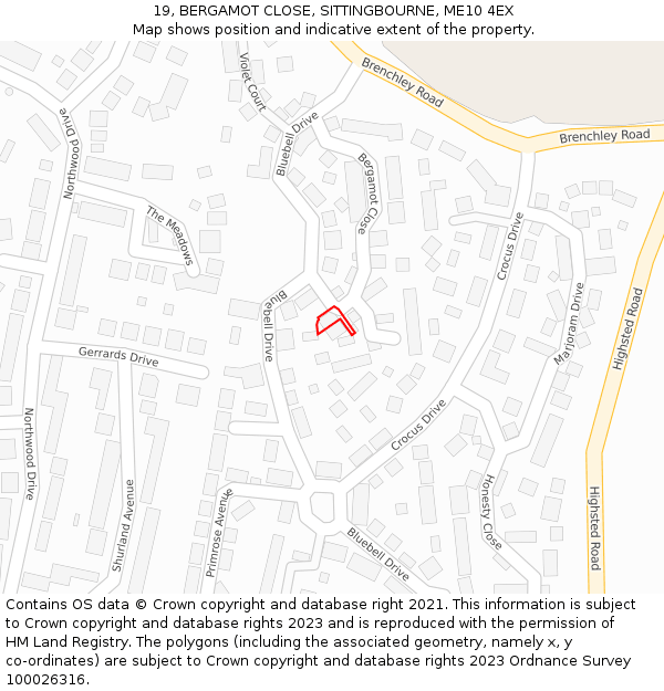 19, BERGAMOT CLOSE, SITTINGBOURNE, ME10 4EX: Location map and indicative extent of plot