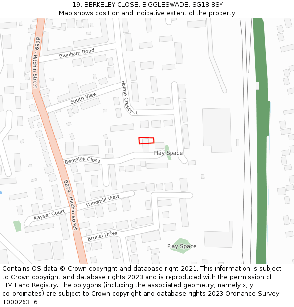 19, BERKELEY CLOSE, BIGGLESWADE, SG18 8SY: Location map and indicative extent of plot