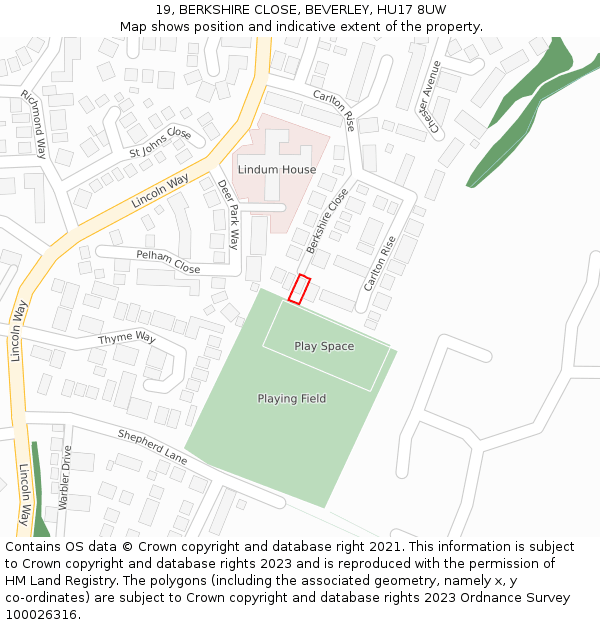 19, BERKSHIRE CLOSE, BEVERLEY, HU17 8UW: Location map and indicative extent of plot