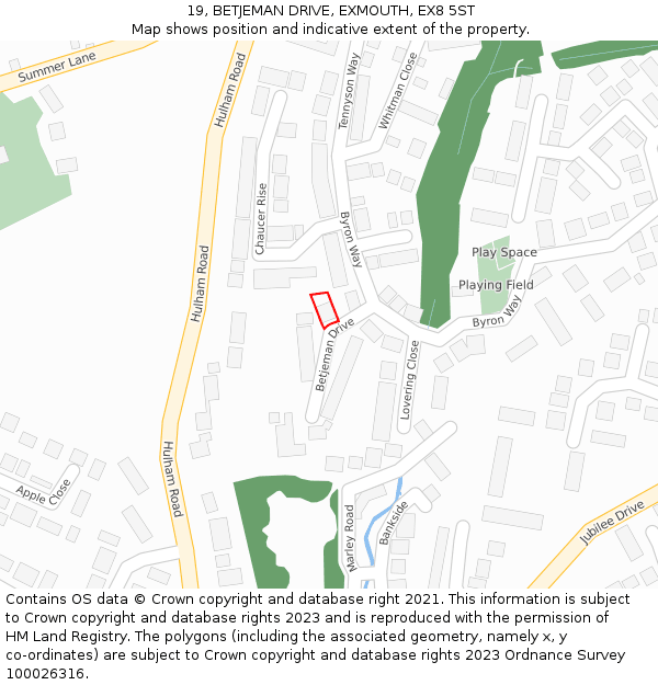 19, BETJEMAN DRIVE, EXMOUTH, EX8 5ST: Location map and indicative extent of plot