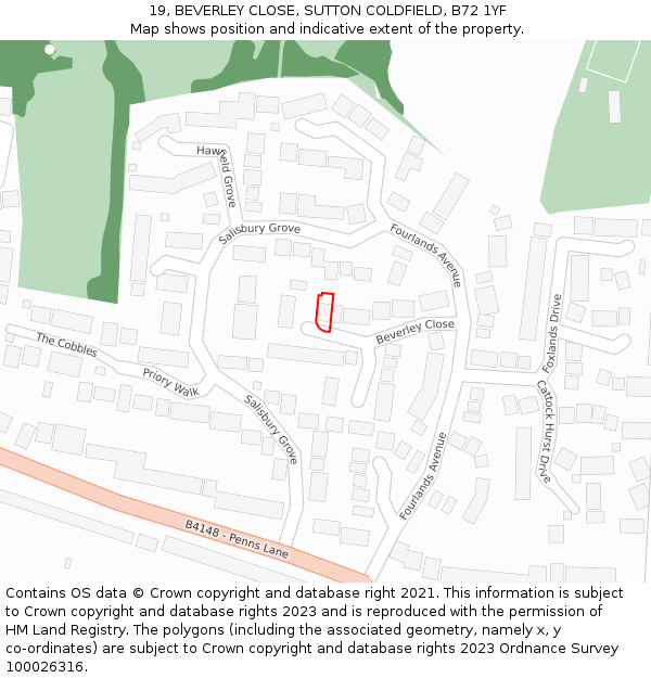 19, BEVERLEY CLOSE, SUTTON COLDFIELD, B72 1YF: Location map and indicative extent of plot