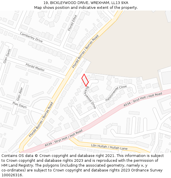 19, BICKLEYWOOD DRIVE, WREXHAM, LL13 9XA: Location map and indicative extent of plot