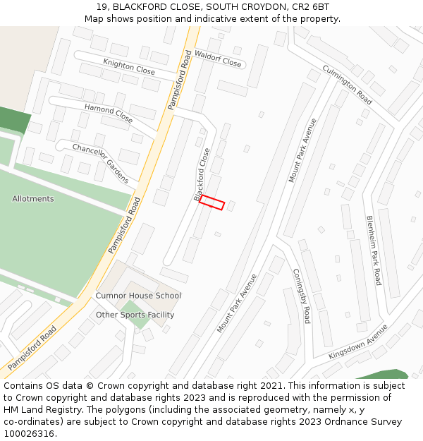 19, BLACKFORD CLOSE, SOUTH CROYDON, CR2 6BT: Location map and indicative extent of plot