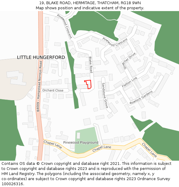 19, BLAKE ROAD, HERMITAGE, THATCHAM, RG18 9WN: Location map and indicative extent of plot