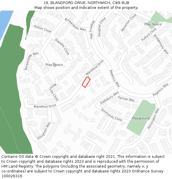 19, BLANDFORD DRIVE, NORTHWICH, CW9 8UB: Location map and indicative extent of plot