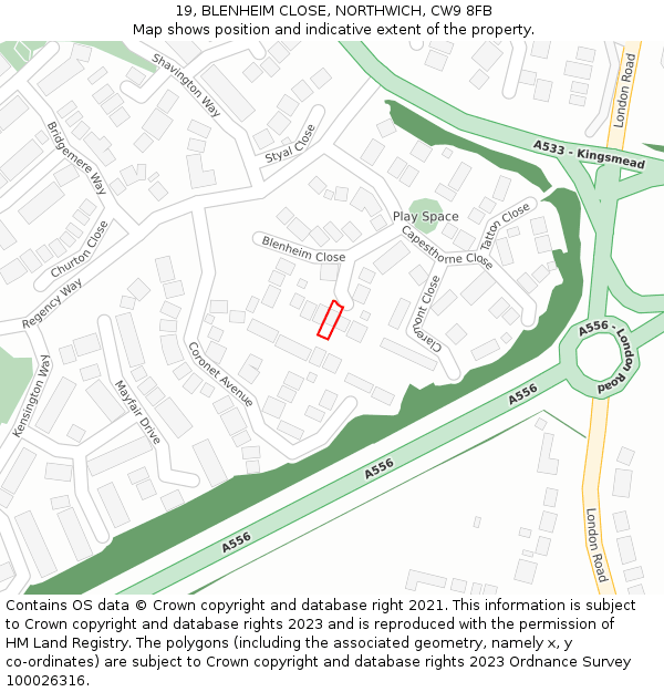 19, BLENHEIM CLOSE, NORTHWICH, CW9 8FB: Location map and indicative extent of plot