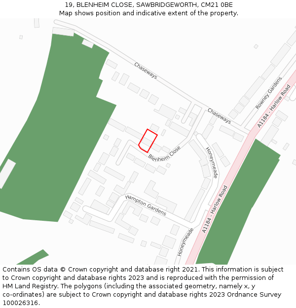 19, BLENHEIM CLOSE, SAWBRIDGEWORTH, CM21 0BE: Location map and indicative extent of plot
