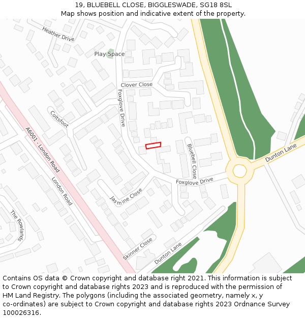 19, BLUEBELL CLOSE, BIGGLESWADE, SG18 8SL: Location map and indicative extent of plot