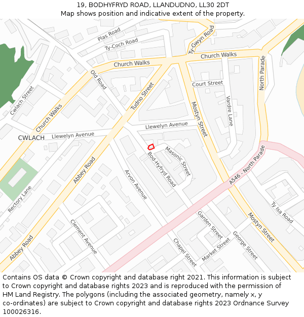 19, BODHYFRYD ROAD, LLANDUDNO, LL30 2DT: Location map and indicative extent of plot