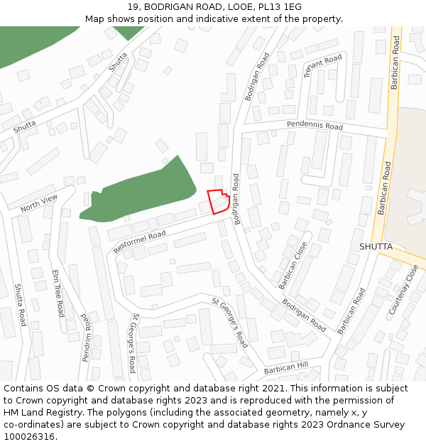 19, BODRIGAN ROAD, LOOE, PL13 1EG: Location map and indicative extent of plot