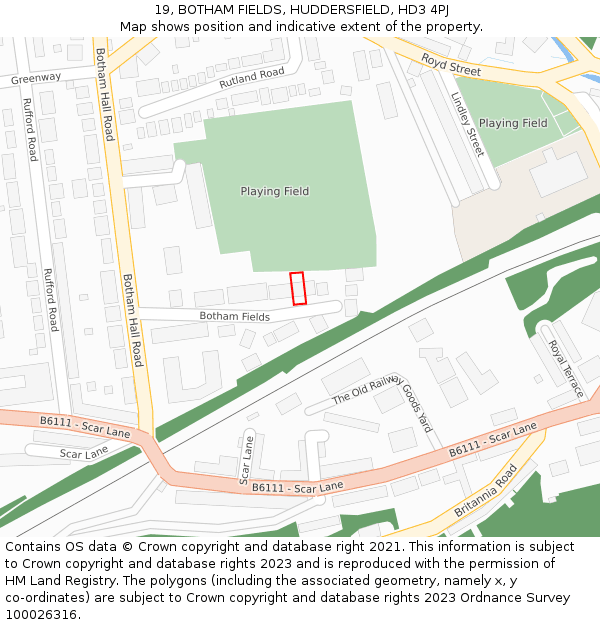 19, BOTHAM FIELDS, HUDDERSFIELD, HD3 4PJ: Location map and indicative extent of plot