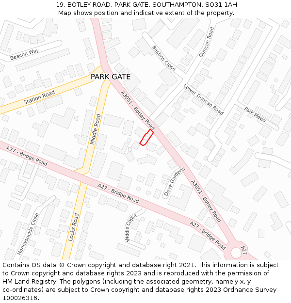 19, BOTLEY ROAD, PARK GATE, SOUTHAMPTON, SO31 1AH: Location map and indicative extent of plot