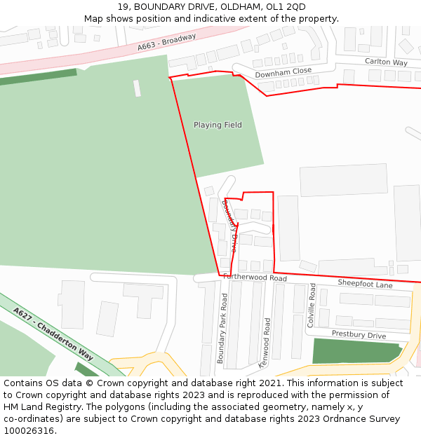 19, BOUNDARY DRIVE, OLDHAM, OL1 2QD: Location map and indicative extent of plot