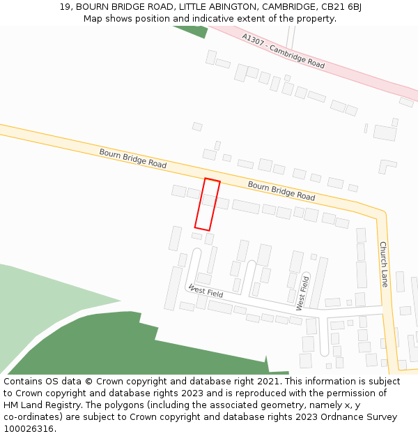 19, BOURN BRIDGE ROAD, LITTLE ABINGTON, CAMBRIDGE, CB21 6BJ: Location map and indicative extent of plot