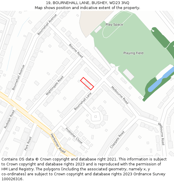 19, BOURNEHALL LANE, BUSHEY, WD23 3NQ: Location map and indicative extent of plot