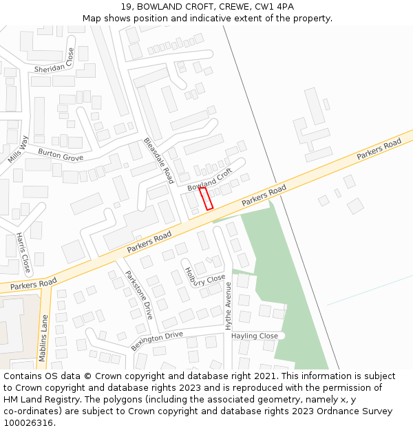 19, BOWLAND CROFT, CREWE, CW1 4PA: Location map and indicative extent of plot