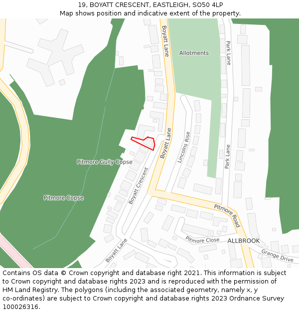 19, BOYATT CRESCENT, EASTLEIGH, SO50 4LP: Location map and indicative extent of plot