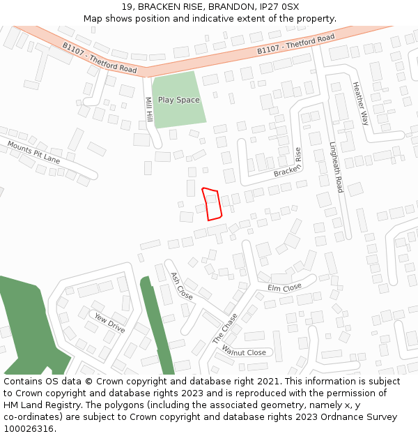 19, BRACKEN RISE, BRANDON, IP27 0SX: Location map and indicative extent of plot