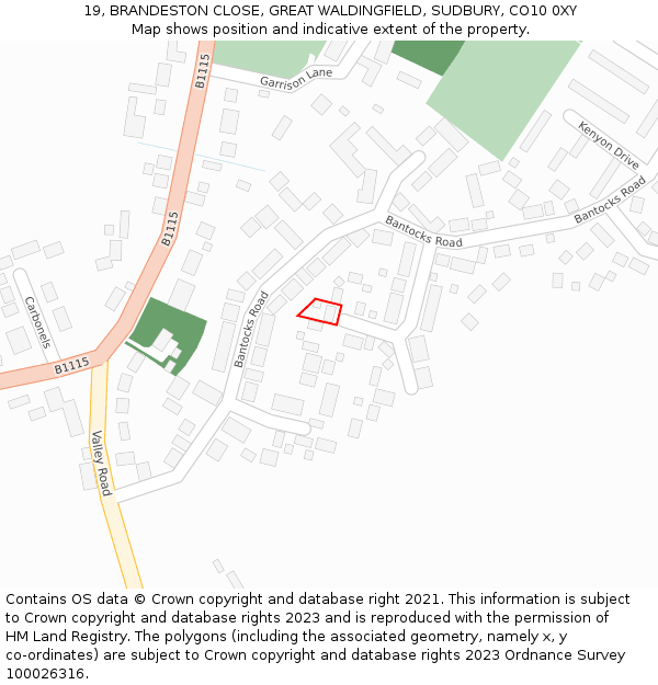 19, BRANDESTON CLOSE, GREAT WALDINGFIELD, SUDBURY, CO10 0XY: Location map and indicative extent of plot