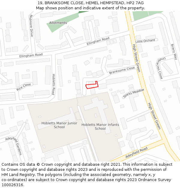 19, BRANKSOME CLOSE, HEMEL HEMPSTEAD, HP2 7AG: Location map and indicative extent of plot