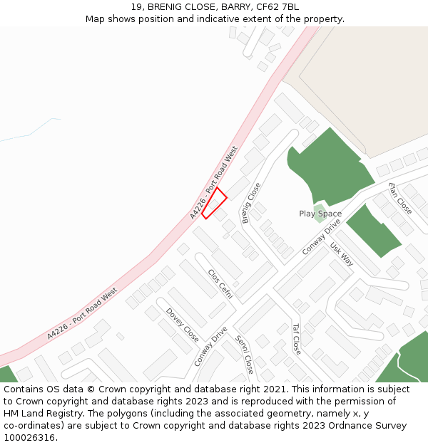 19, BRENIG CLOSE, BARRY, CF62 7BL: Location map and indicative extent of plot