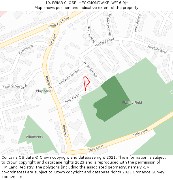 19, BRIAR CLOSE, HECKMONDWIKE, WF16 9JH: Location map and indicative extent of plot