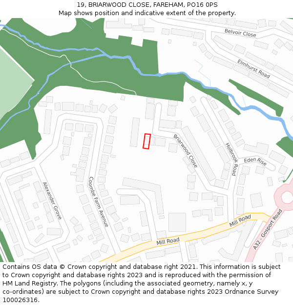 19, BRIARWOOD CLOSE, FAREHAM, PO16 0PS: Location map and indicative extent of plot