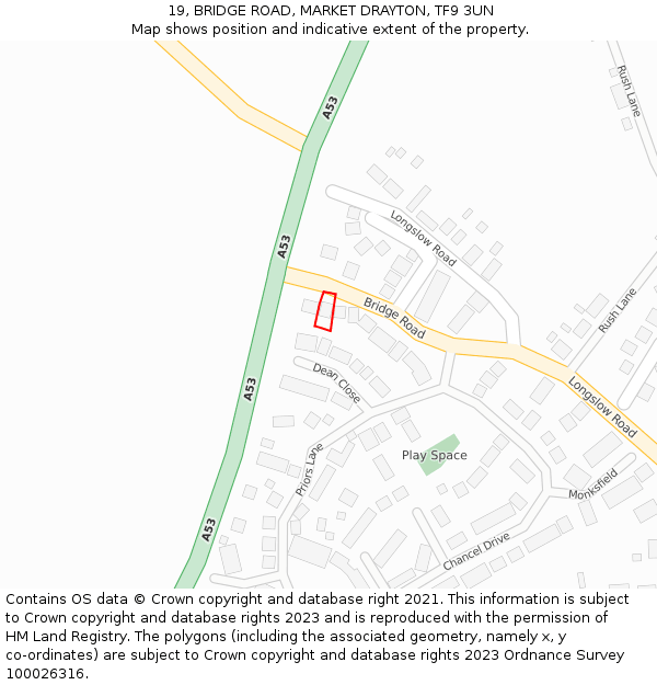 19, BRIDGE ROAD, MARKET DRAYTON, TF9 3UN: Location map and indicative extent of plot