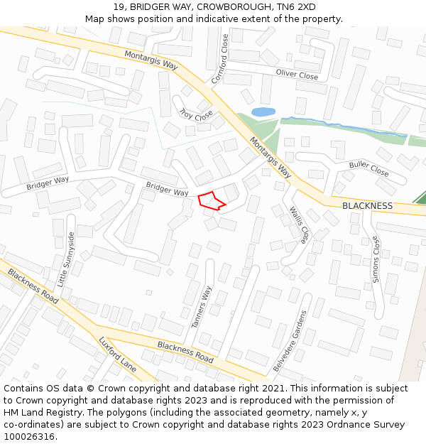 19, BRIDGER WAY, CROWBOROUGH, TN6 2XD: Location map and indicative extent of plot