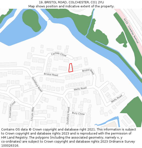 19, BRISTOL ROAD, COLCHESTER, CO1 2YU: Location map and indicative extent of plot