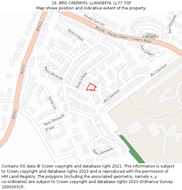 19, BRO CAERWYN, LLANGEFNI, LL77 7GF: Location map and indicative extent of plot