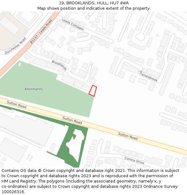 19, BROOKLANDS, HULL, HU7 4WA: Location map and indicative extent of plot