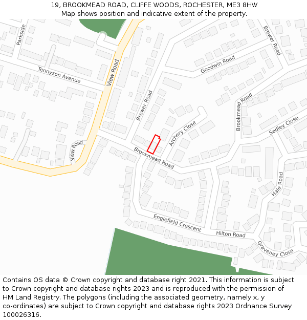 19, BROOKMEAD ROAD, CLIFFE WOODS, ROCHESTER, ME3 8HW: Location map and indicative extent of plot