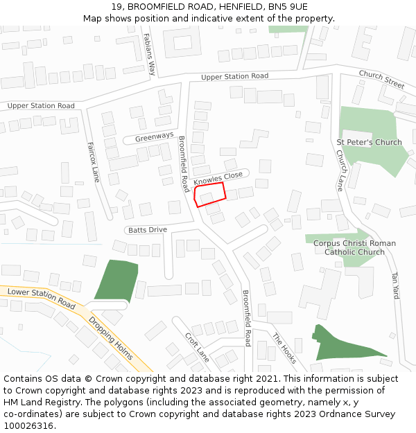 19, BROOMFIELD ROAD, HENFIELD, BN5 9UE: Location map and indicative extent of plot