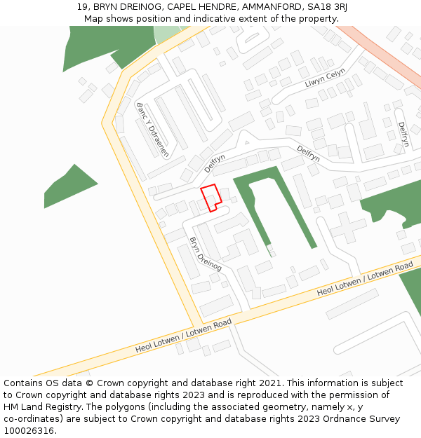 19, BRYN DREINOG, CAPEL HENDRE, AMMANFORD, SA18 3RJ: Location map and indicative extent of plot