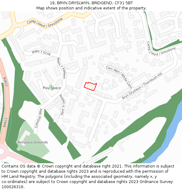 19, BRYN DRYSLWYN, BRIDGEND, CF31 5BT: Location map and indicative extent of plot