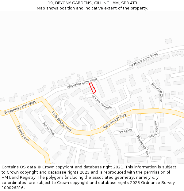 19, BRYONY GARDENS, GILLINGHAM, SP8 4TR: Location map and indicative extent of plot