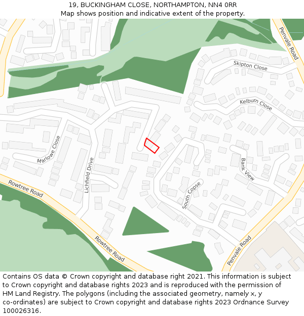 19, BUCKINGHAM CLOSE, NORTHAMPTON, NN4 0RR: Location map and indicative extent of plot