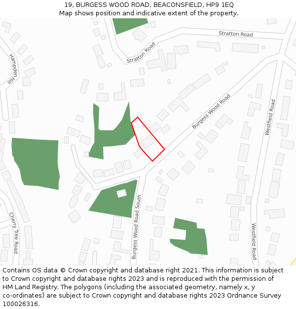 19, BURGESS WOOD ROAD, BEACONSFIELD, HP9 1EQ: Location map and indicative extent of plot