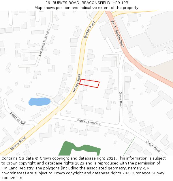 19, BURKES ROAD, BEACONSFIELD, HP9 1PB: Location map and indicative extent of plot