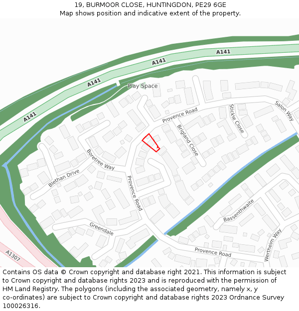 19, BURMOOR CLOSE, HUNTINGDON, PE29 6GE: Location map and indicative extent of plot