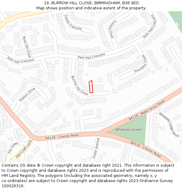 19, BURROW HILL CLOSE, BIRMINGHAM, B36 9ED: Location map and indicative extent of plot
