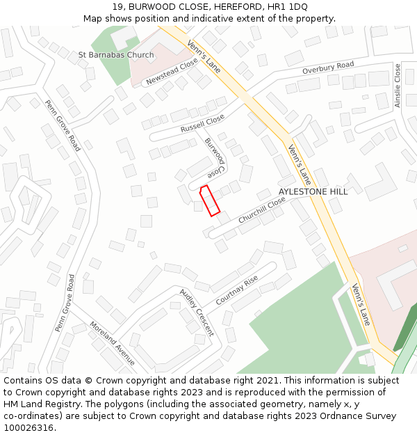 19, BURWOOD CLOSE, HEREFORD, HR1 1DQ: Location map and indicative extent of plot