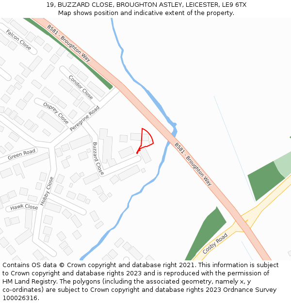 19, BUZZARD CLOSE, BROUGHTON ASTLEY, LEICESTER, LE9 6TX: Location map and indicative extent of plot