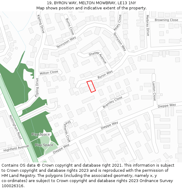 19, BYRON WAY, MELTON MOWBRAY, LE13 1NY: Location map and indicative extent of plot